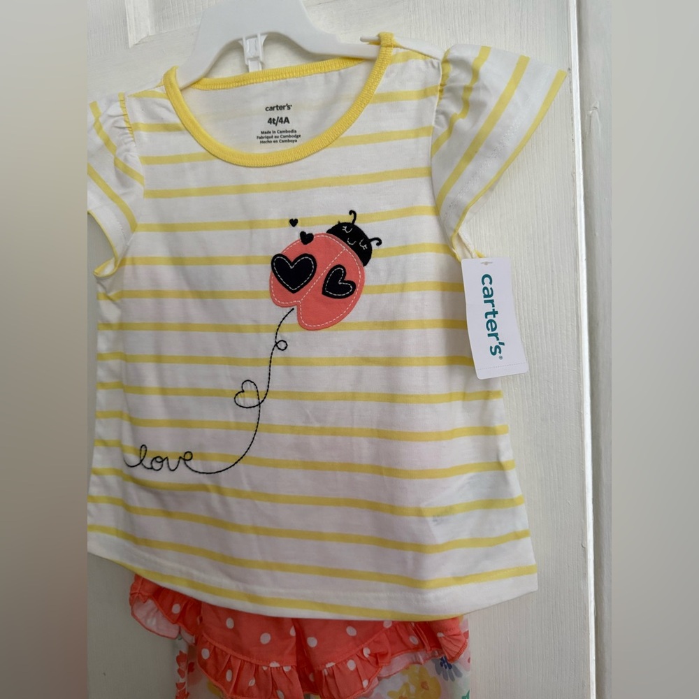 Carter's Yellow Stripe Top with Coral Ruffle Shorts & Floral Pants Pajama Set - Picture 3 of 4